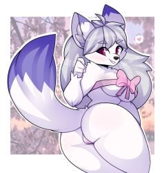 anthro ass biped blush breasts canid canine canis clothing female fur genitals hair hi_res inner_ear_fluff leah_(gabeny) mammal miikotorii pussy red_eyes smile solo tail tuft white_body white_fur wolf