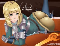 1girls alternate_hairstyle aramyx armor ass ass_focus bed blonde_hair breasts english_text female female_only fire_emblem fire_emblem:_three_houses fire_emblem_heroes fire_emblem_warriors:_three_hopes gloves green_eyes hips hips_wider_than_shoulders indoors ingrid_brandl_galatea ingrid_brandl_galatea_(fire_emblem) large_ass looking_at_viewer medium_breasts medium_hair nintendo official_alternate_hairstyle on_bed on_stomach skintight solo spear sword text the_pose thick_ass thick_thighs tight_clothing tight_fit tight_pants weapon wide_hips