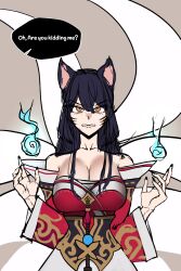 9_tails ahri animal_ear_fluff animal_ears animal_girl big_breasts black_hair breasts busty child_bearing_hips cleavage clothing curvaceous curves curvy curvy_body curvy_female curvy_figure curvy_hips dialogue english_text eyelashes eyeliner eyeshadow facial_markings female fluffy fluffy_ears fluffy_tail fluffy_tails fox fox_ears fox_girl fox_tail furry_tail hips hourglass_figure huge_breasts humanoid inner_ear_fluff kemonomimi kitsune large_breasts league_of_legends light-skinned_female light_skin long_hair moumring multiple_tails nine_tailed_fox pale-skinned_female pale_skin riot_games tail text thick_thighs thighs vastaya video_games voluptuous wide_hips yellow_eyes