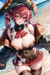 1girls ai_generated bare_shoulders beach belt cleavage curvaceous curvy_body curvy_female female_focus female_pirate heterochromia hi_res hololive houshou_marine jacket_off_shoulders light-skinned_female miniskirt ocean open_clothes open_jacket outdoors pirate pirate_hat pirate_outfit red_hair red_skirt solo solo_female stable_diffusion stockings twintails virtual_youtuber voluptuous_female vtuber