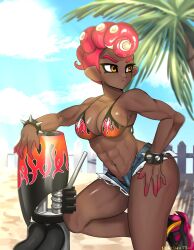 abs bikini_top dark_skin jean_shorts jorts muscular_female nintendo norishiitsu octoling octoling_girl pompadour short_shorts shorts spiked_bracelet splatoon splatoon_(series) tagme