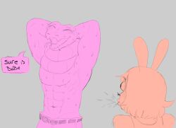 abs anthro blood bodily_fluids duo female hi_res humanoid jack_smith lagomorph lake_smith leporid male male/female mammal muscular muscular_male nosebleed pose rabbit rawhell reptile scalie shirtless snake sweat