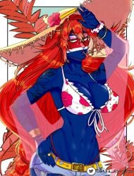 big_breasts bikini blue_body blue_skin bra costa_rica_(countryhumans) countryhumans countryhumans_girl female female_only hat pants safe sfw summer