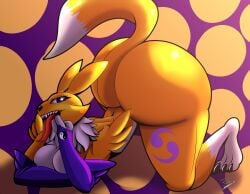 absurd_res anthro ass bandai_namco bedroom_eyes big_breasts big_butt breasts canid canine clothing curvaceous curvy_figure digimon digimon_(species) female finger_fetish finger_in_mouth fingerless_gloves fingers gloves handwear hi_res irc_(artist) mammal narrowed_eyes presenting renamon seductive solo tail thick_thighs tongue tongue_out voluptuous yellow_body