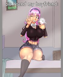 abs aiko_hajime_shin big_ass big_breasts big_breasts big_breasts big_thighs brown_eyes collar headband hypnotico long_socks meme peace_sign phone pink_hair text