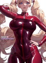 1girls ai_generated ann_takamaki black_nail_polish black_nails blonde_hair blue_eyes blush bodysuit dominatrix hand_on_hip holding_hair impossible_bodysuit impossible_clothes innie_belly_button large_breasts latex latex_bodysuit latex_suit lewdwaifulaifu lipstick long_hair makeup nail_polish nails persona persona_5 persona_5_royal pink_lipstick plain_background pose posing red_lipstick scrunchie solo stable_diffusion tight_clothes tight_clothing tight_fit twintails zipper