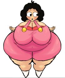 1girls banillansfw black_hair curly_hair earthbound_zero fat fat_woman female female_only flustered maggie_(owosault) maggie_millie_strider mother_(series) original_character owo_sault_(artist) pink_outfit red_bra solo white_background white_socks