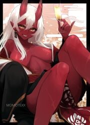 akumi female momotexx_(artist) oni oni_horns red_skin scars virtual_youtuber vyugen white_hair yellow_eyes