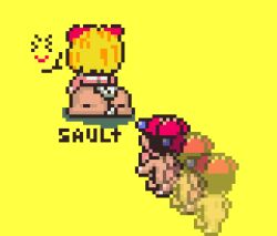 1boy 1girls ass big_ass big_penis blonde_hair earthbound fat_ass mother_(series) mother_2 ness nintendo owo_sault_(artist) paula paula_jones paula_polestar pink_dress pixel_art red_cap red_hairbow sitting white_panties