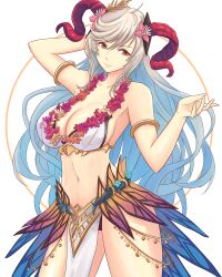 1girls absurdres alternate_costume bare_shoulders bikini blue_hair breasts cleavage closed_mouth collarbone commentary female female female_only fire_emblem fire_emblem_heroes flower flower_necklace freyja_(fire_emblem) freyja_(summer)_(fire_emblem) gradient_hair grey_hair hair_flower hair_ornament hand_up highres horns jewelry large_breasts long_hair looking_at_viewer multicolored_hair navel necklace nintendo official_alternate_costume pelvic_curtain red_eyes see-through sideboob simple_background solo stomach swimsuit thighs truejekart white_bikini white_swimsuit