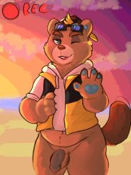 1boy 2023 4_fingers animal_crossing anthro backwards_baseball_cap backwards_cap backwards_hat balls baseball_cap beach beaver beaver_tail being_recorded being_watched blue_eyes blue_pawpads blush blush bottomless bottomless_male brown_fur buckteeth c.j._(animal_crossing) casual_nudity darkened_balls darkened_genitalia darkened_genitals darkened_penis dubious_consent first_person_view flaccid foreskin fur genitals glasses glasses_on_forehead glasses_on_head hat heart_pawpads hi_res humanoid_genitalia humanoid_penis jacket looking_at_viewer male male_only naked nintendo nude open_mouth pantsless pawpads paws penis pov questionable_consent recording sharkall shirt_only slightly_chubby slightly_chubby_anthro slightly_chubby_male solo sunset tail teeth tongue uncut wink winking winking_at_viewer