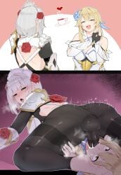 1futa 1girls 69 69_position absurdres armor ass balls bare_shoulders barefoot big_penis black_pantyhose blonde_hair blowjob_through_clothes braid breasts closed_eyes clothed comic covered_penis covered_testicles cum cum_in_mouth cum_through_clothes cum_through_pantyhose dress duo erection erection_under_pantyhose feet fellatio fellatio_through_clothes female flower fully_clothed futa_on_female futa_on_futa futanari genshin_impact green_eyes grey_hair hair_flower hair_ornament heart highres human instant_loss_2koma irrumatio kassai_kassai light-skinned_female light-skinned_futanari light_skin looking_back lumine_(genshin_impact) maid_headdress medium_breasts noelle_(genshin_impact) open_mouth oral overflow own_hands_together pantyhose pantyhose_bulge penis rose sex_through_clothes short_hair shoulder_armor tearing_up throat_swabbing white_dress wide-eyed yellow_eyes