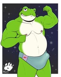 1boy 2019 5_fingers amphibian anthro barely_clothed belly belly_button blue_eyes blush blush bulge bulge_through_clothing fist flexing flexing_bicep frog green_body green_skin grin insignia logo logo_on_clothes looking_at_viewer male male_only mammal mostly_nude muscular muscular_arms nintendo nipple_piercing nipples penis penis_bulge penis_outline pierced_nipples piercing piercings piqueraj simple_background slightly_chubby slightly_chubby_male slippy_toad smiling solo speedo standing star_fox stars tight_clothing toad two_tone_body underwear underwear_only white_body white_skin