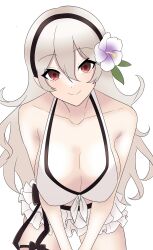 1girls bare_thighs bikini breasts cleavage corrin_(fire_emblem) corrin_(fire_emblem)_(female) female female_only fire_emblem fire_emblem_fates fire_emblem_heroes flower grey_hair hair_between_eyes hair_flower hairband large_breasts leaning_forward long_hair looking_at_viewer maplesugar7324 nintendo red_eyes smile solo swimsuit thighs white_bikini white_swimsuit