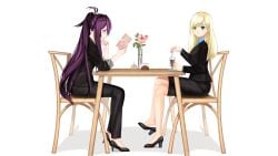 ahoge blonde_hair blue_eyes book coffee formal grey_eyes highres kotonoha_haruko long_hair my_summer_adventure_-_memories_of_another_life non-web_source purple_hair shihane_kyoko suit tsundere visual_novel yamato_nadeshiko