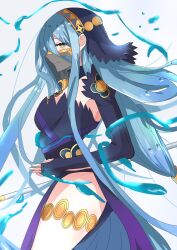 1girls akabeko123 alternate_costume azura_(fire_emblem) azura_(performing_arts)_(fire_emblem) bare_thighs blue_hair blue_panties breasts female female_only fingerless_gloves fire_emblem fire_emblem_fates gloves hair_between_eyes light_blue_hair long_hair looking_back medium_breasts mouth_veil nintendo official_alternate_costume panties see-through smile solo spear thick_thighs thighs underwear veil very_long_hair water weapon white_background yellow_eyes