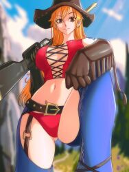 1girls alternate_costume alternate_version_available assless_chaps chaps cowboy_hat female female_only nami one_piece opalisart post-timeskip rifle tattoo