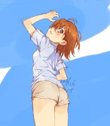 1girls 2020s 2021 ass bare_thighs blue_background blush brown_eyes brown_hair casual clothed clothed_female dated female from_behind hi_res looking_at_viewer looking_back matching_hair/eyes misaka_mikoto shirt short_hair shorts signature solo standing tanaka_yuuichi teenage_girl teenager thighs to_aru_kagaku_no_railgun to_aru_majutsu_no_index young