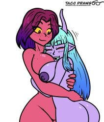 2girls artist_logo artist_name ass breasts captaintaco2345 eyes_closed female_only hug hugging long_hair looking_at_partner multiple_girls naked nipples nude nude_female original original_character patreon_username purple_skin red_skin short_hair tacodraws tagme yellow_sclera yuri