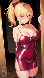 ai_generated blonde_female blonde_hair choker female latex latex_bodysuit red_latex seductive_eyes seductive_smile seductress