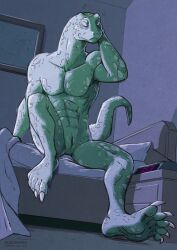 abs aledonrex animal_genitalia anthro beastars bed casual_nudity claws clock digital_clock feet furniture genital_slit genitals gosha_(beastars) green_body green_scales hand_on_head hi_res komodo_dragon lizard male male_only mature_male monitor_lizard muscular muscular_anthro muscular_male on_bed pecs reptile scales scalie sitting sitting_on_bed slit solo toe_claws