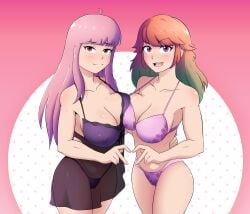 2girls babydoll big_breasts blush bra breast_press breast_squeeze breasts female_only heart_hands_duo hololive hololive_english hololive_myth konanexe light-skinned_female lingerie looking_at_viewer mori_calliope nipple_bulge nipples_visible_through_clothing open_mouth orange_hair panties pink_hair purple_hair red_eyes simple_background takamori_(hololive) takanashi_kiara virtual_youtuber