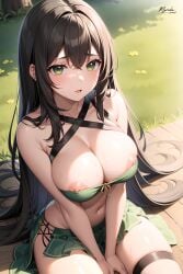 1girls ai_generated breasts brown_hair cute emerald_eyes green_eyes hands_between_legs large_breasts myrioku nipples original sitting solo stable_diffusion thick_thighs