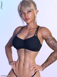 1girls 3d 3d_(artwork) athletic_female blonde_hair elf elf_ears female female_only fit_female maryn_(str4hl) muscular_female pink_eyes slushe_(website) solo str4hl tattoo tattoo_on_chest tattooed_arm underwear