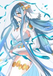 1girls akabeko123 azura_(fire_emblem) bare_thighs blue_hair breasts female female_only fingerless_gloves fire_emblem fire_emblem_fates gloves hair_between_eyes light_blue_hair long_hair looking_back medium_breasts nintendo panties smile solo spear thick_thighs thighs underwear very_long_hair water weapon white_background white_panties yellow_eyes
