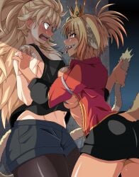 2girls animal_ears bare_shoulders belly big_breasts blonde_hair blush blush_lines blushing breast_squeeze breasts crown dark-skinned_female dark_skin fangs feet_out_of_frame fluffy fluffy_ears fluffy_tail grabbing_tail holding_hands jacket large_breasts light-skinned_female light_skin long_hair looking_at_another nervous nervous_face oc oerba_yun_fang open_clothes open_jacket oppai original original_character original_characters red_hair ryohei_29 scared seducing seductive_eyes seductive_look seductive_mouth seductive_smile short_hair skirt stomach sweat sweater tail thick_thighs thighs tummy two_tone_hair very_long_hair yellow_hair yuri