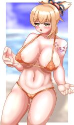 1girls areolae beach big_breasts big_thighs blush breasts female female_only genshin_impact hcn huge_breasts huge_thighs large_breasts micro_bikini navel orange_micro_bikini solo solo_female thick_thighs thighs yoimiya_(genshin_impact)