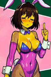 1girls ai_generated blush bob_hair breasts brown_hair bunny_ears bunnysuit closed_eyes female female_frisk female_only finger_pointing fishnets frisk pink_bunnysuit pixai pointing_up purple_tie solo solo_female tie undertale undertale_(series) upper_body yellow_skin