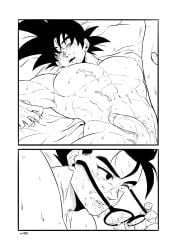 2boys abs anal bara blush completely_nude cum cum_on_boy dragon_ball dragon_ball_super erection facial father_and_son glasses greyscale highres holding holding_another's_leg holding_eyewear incest large_pectorals leg_up lying male_focus monochrome multiple_boys muscular muscular_male navel nipples nude on_back open_mouth pectorals penis scharlachrotn sex short_hair spiked_hair yaoi