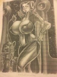 black_and_white droid hair_bun huge_breasts lost_media nipple_bulge princess_leia_organa rinaldi smoking space star_wars vintage