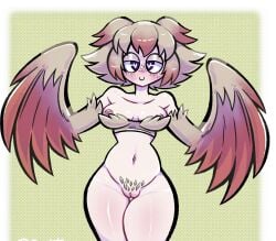 1girls assfiend belly_button bird_girl commission commission_art commissioner_upload female freckles freckles_on_face harpy harpy_girl heart-shaped_pupils ishuzoku_reviewers mimilo_(ishuzoku_reviewers) monster_girl navel owl owl_girl pubic_hair tagme wings