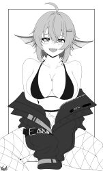 1girls ahoge bare_shoulders belly_button big_breasts bikini black_and_white blush cleavage finana_ryugu fish_girl fishnet_pantyhose fishnets hairclip head_fins hi_res highres jacket large_breasts looking_at_viewer monochrome navel nijisanji nijisanji_en off_shoulder open_clothes open_jacket sharp_teeth short_hair solo virtual_youtuber vlacksr