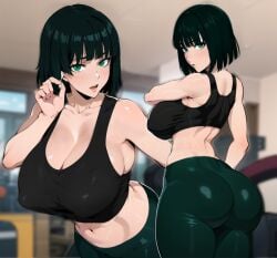 1girls ai_generated airpods ass bangs blunt_bangs bob_cut breasts bubble_butt dat_ass female front_and_back fubuki_(one-punch_man) green_eyes green_hair gym_uniform huge_ass huge_breasts kisou light-skinned_female light_skin one-punch_man short_hair sports_bra sportswear thick_thighs yoga_pants