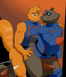 a-side anthro ass balls big_butt chipmunk clothing duo genitals grab_the_butt ground_squirrel guardians_of_the_galaxy hand_on_butt hi_res hot_dogging looking_back male male/male mammal marvel paw_on_butt penis procyonid raccoon rocket_raccoon rodent sciurid smile uniform