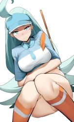 1girls big_breasts blue_eyes blush elite_four exposed_pussy female female_only golf_club golf_outfit hat hi_res high_resolution highres human human_only kahili_(pokemon) light-skinned_female light_blue_hair light_skin looking_at_viewer mostly_clothed nintendo no_panties no_skirt pokemon pokemon_sm pokemon_usm pussy_exposed sha_(amfil100) shirt staring_at_viewer thick_thighs vagina visible_pussy yuuyuu_(yuuki1771)