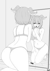 1girls applying_lipstick ass ass_focus back back_view bare_back bare_midriff bare_shoulders belly_button big_ass big_breasts big_butt black_and_white blush bob_cut butt butt_focus cleavage elira_pendora exposed_shoulders exposed_torso hair_between_eyes hair_wings head_wings hi_res highres large_breasts lipstick midriff mirror mirror_reflection mole mole_under_armpit monochrome navel nijisanji nijisanji_en round_ass round_butt short_hair solo solo_female solo_focus tummy underwear underwear_only virtual_youtuber vlacksr