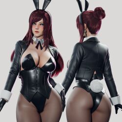 1:1 1girls 3d back_view big_breasts black_leotard blush breasts brown_hair bunny_ears bunny_girl bunny_tail bunnysuit cleavage collar copyright_request corset detached_collar earrings female female_only from_behind front_view gloves green_eyes hair_bun hair_down highleg highleg_leotard jacket large_breasts latex leather_gloves leotard long_hair long_sleeves multiple_views pantyhose primrose ryanreos simple_background smile source_request white_background