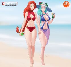 2girls abs alternate_costume ass_visible_through_thighs barefoot beach bikini blue_bikini blue_hair blue_swimsuit braid braided_ponytail breasts cleavage crazzeffect female female_only fire_emblem fire_emblem:_path_of_radiance fire_emblem:_radiant_dawn green_eyes hair_over_shoulder hat holding_hands large_breasts long_hair medium_breasts multiple_girls nintendo ocean orange_hair outdoors ponytail red_bikini red_swimsuit sand sarong see-through side_ponytail sigrun_(fire_emblem) smile sun_hat swimsuit titania_(fire_emblem) very_long_hair yuri