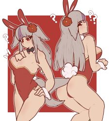 1girls ? alternate_costume animal_ears bbdouble breasts bunny_ears bunny_girl bunnysuit confusion female female_only fire_emblem fire_emblem_fates grey_hair medium_breasts multicolored_hair nintendo purple_hair solo tail velouria_(fire_emblem) wolf_ears wolf_girl