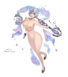 1girls bare_legs bare_shoulders bettercommsoul blue_hair breasts collarbone completely_nude edit female female_only fire_emblem fire_emblem_heroes large_breasts legs multicolored_hair naked_footwear nintendo nipples nude nude_female nude_filter open_mouth seidr_(fire_emblem) short_hair shoulders solo staff thick_thighs torn_clothes veil white_background wide_hips yellow_eyes