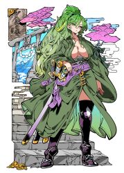 big_breasts detailed_background female female_only genderswap_(mtf) gradient_hair green_hair huge_breasts inner_sideboob kafun looking_at_viewer mature_female one_piece open_kimono pale-skinned_female ponytail roronoa_zoro rule_63 sword swordsman swordswoman thighhighs