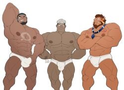 2023 3boys abs absurd_res arm_behind_back arm_behind_head arm_tattoo arms_crossed arms_crossed_under_pecs artist_signature bara beard biceps black_hair blue_markings blush brown_hair bulge chest_tattoo crotch_grab dark-skinned_male embarrassed facial_markings facial_scar fullmetal_alchemist gay grin hi_res looking_at_partner looking_at_viewer looking_down maldu male male_only muscles muscular muscular_male muscular_thighs necklace nipples pantless pecs pokemon porkyman pose posing quads scar shirtless smile smirk smooth_skinned_male tattoo tighty_whities topless trio underwear underwear_only white_hair white_underwear