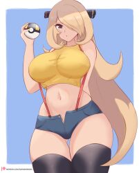 1girls 2023 big_breasts black_eyes black_thigh_highs blonde_hair blue_shorts border breasts cosplay cynthia_(pokemon) daymandraws female female_only game_freak gray_eyes grey_eyes hair_over_one_eye holding_pokeball huge_breasts large_breasts long_hair misty_(pokemon) misty_(pokemon)_(cosplay) patreon_logo patreon_url pokeball pokemon pokemon_dppt pokemon_rgby short_shorts shorts solo solo_female suspenders tank_top thick_thighs thigh_highs thighs ultra_ball white_border yellow_tank_top