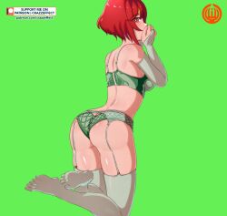 1girls alternate_version_available ass back back_view bare_back bare_thighs big_ass bra crazzeffect female female_only fire_emblem fire_emblem:_mystery_of_the_emblem fire_emblem:_shadow_dragon_and_the_blade_of_light garter_belt green_background green_panties kneeling lingerie looking_at_viewer looking_back minerva_(fire_emblem) nintendo panties red_eyes red_hair short_hair solo thick_thighs thighhighs thighs underwear