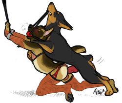 anal anal_sex anthro anthro_on_feral anthro_penetrated arm_warmers armwear axtrosis ball_gag bondage bondage bound canid canine canis claws clothing cuff_(restraint) dobermann domestic_dog duo feral feral_penetrating feral_penetrating_anthro fur gag genitals german_shepherd handcuffs herding_dog knot lace_bra lace_panties lace_stockings leash leash_in_mouth leash_pull male male/male mammal metal_cuffs multicolored_body multicolored_fur object_in_mouth pastoral_dog paws penetration penis pinscher raised_tail restraints sex simple_background tail triku two_tone_body two_tone_fur zoophilia