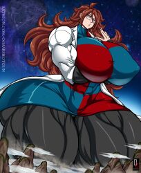 alternate_version_available android_21 android_21_(human) arms_under_breasts artist_signature auburn_hair black_tights blue_eyes checker_pattern dragon_ball dragon_ball_fighterz earrings giantess glasses hoop_earrings labcoat minidress mountains muscular_female nipples_bulge osmar-shotgun solo_female solo_focus vomi_(dragon_ball)